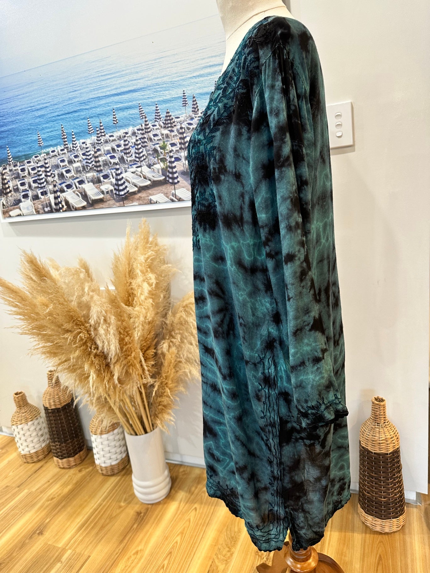 [SALE] Kaftan Dress - Small - Turquoise with black tie-dye and embroidery detail