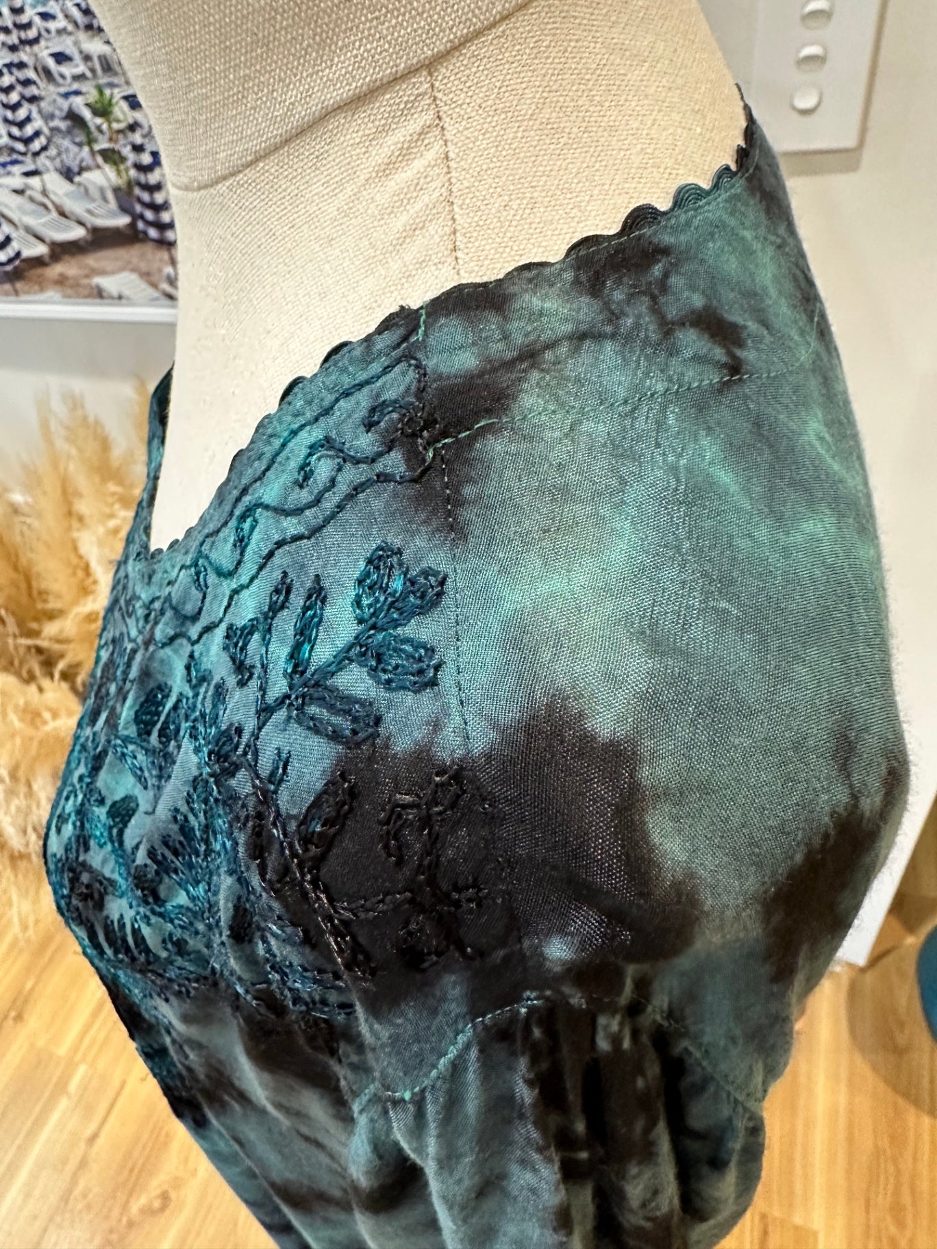 [SALE] Kaftan Dress - Small - Turquoise with black tie-dye and embroidery detail