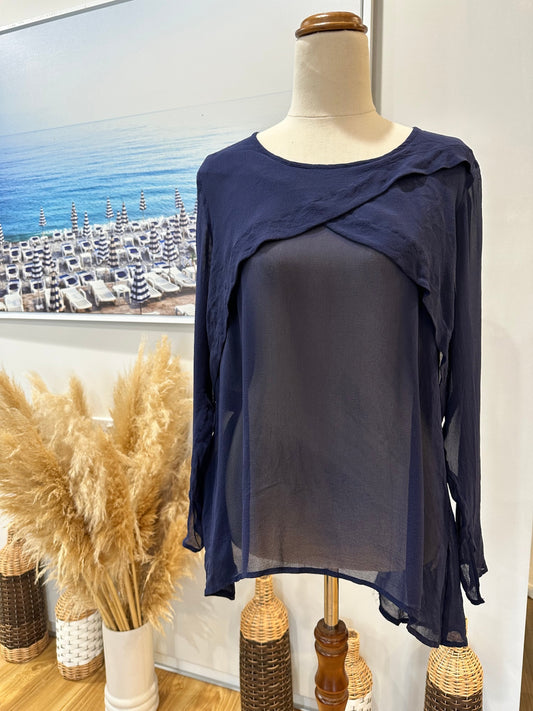 Andrea Moore - Top - Size - 12 Navy Blue - 100% silk
