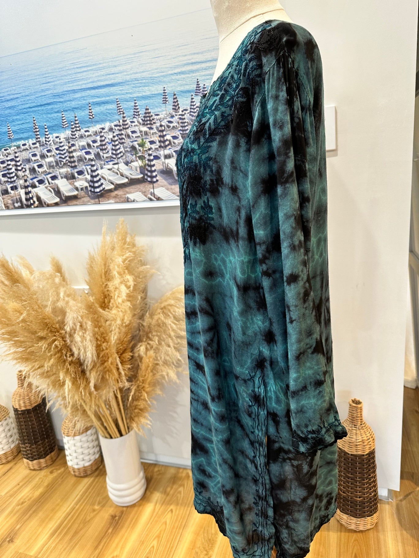 [SALE] Kaftan Dress - Small - Turquoise with black tie-dye and embroidery detail