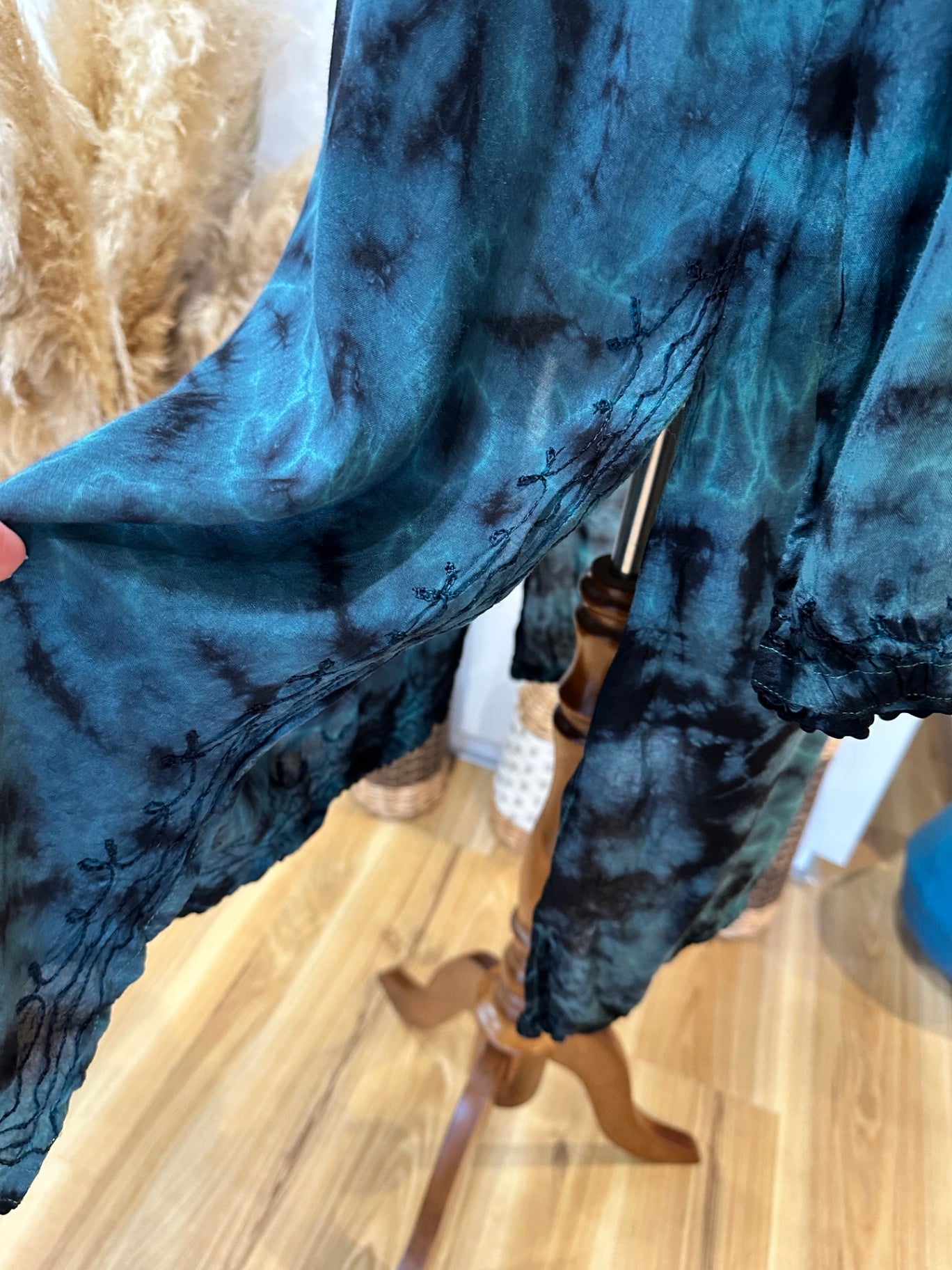 [SALE] Kaftan Dress - Small - Turquoise with black tie-dye and embroidery detail