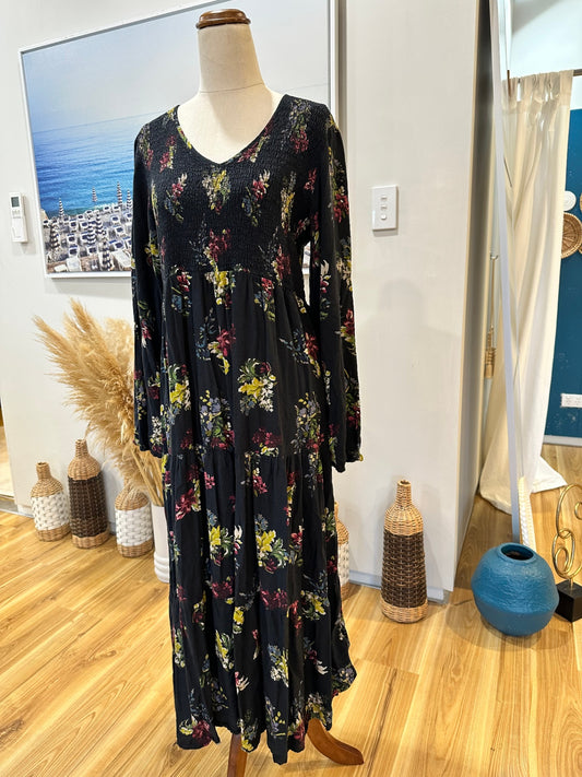 Bohemian Dress - Large - Black with floral pattern