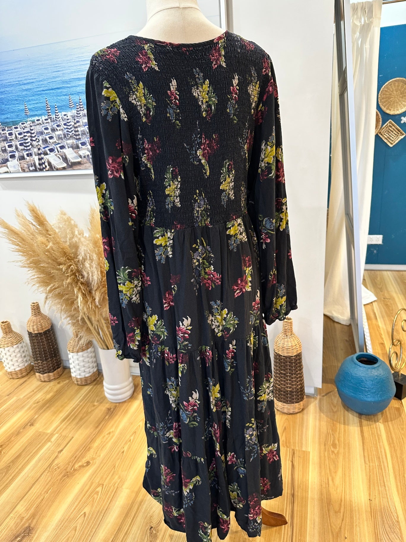 Bohemian Dress - Large - Black with floral pattern