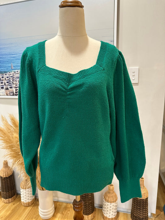 City Chic - Green Jumper with Balloon Sleeves - Size 14 