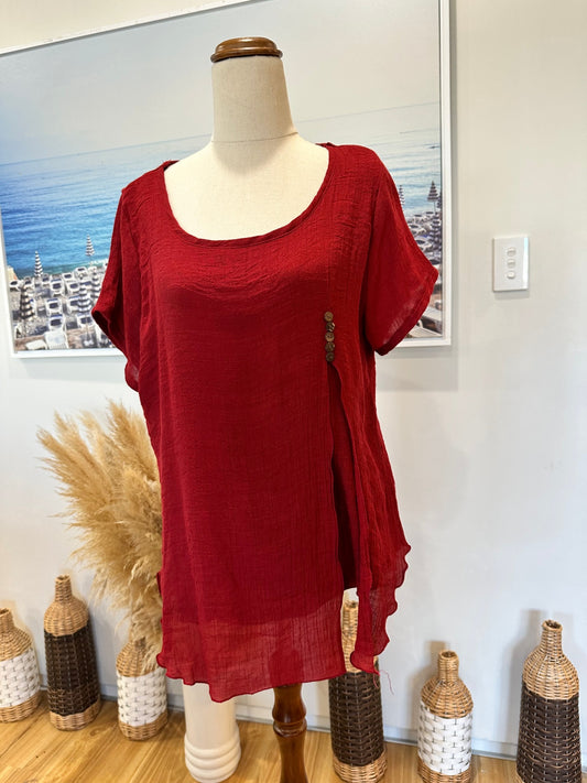 Blouse - Red - 50% Silk + 50% Cotton