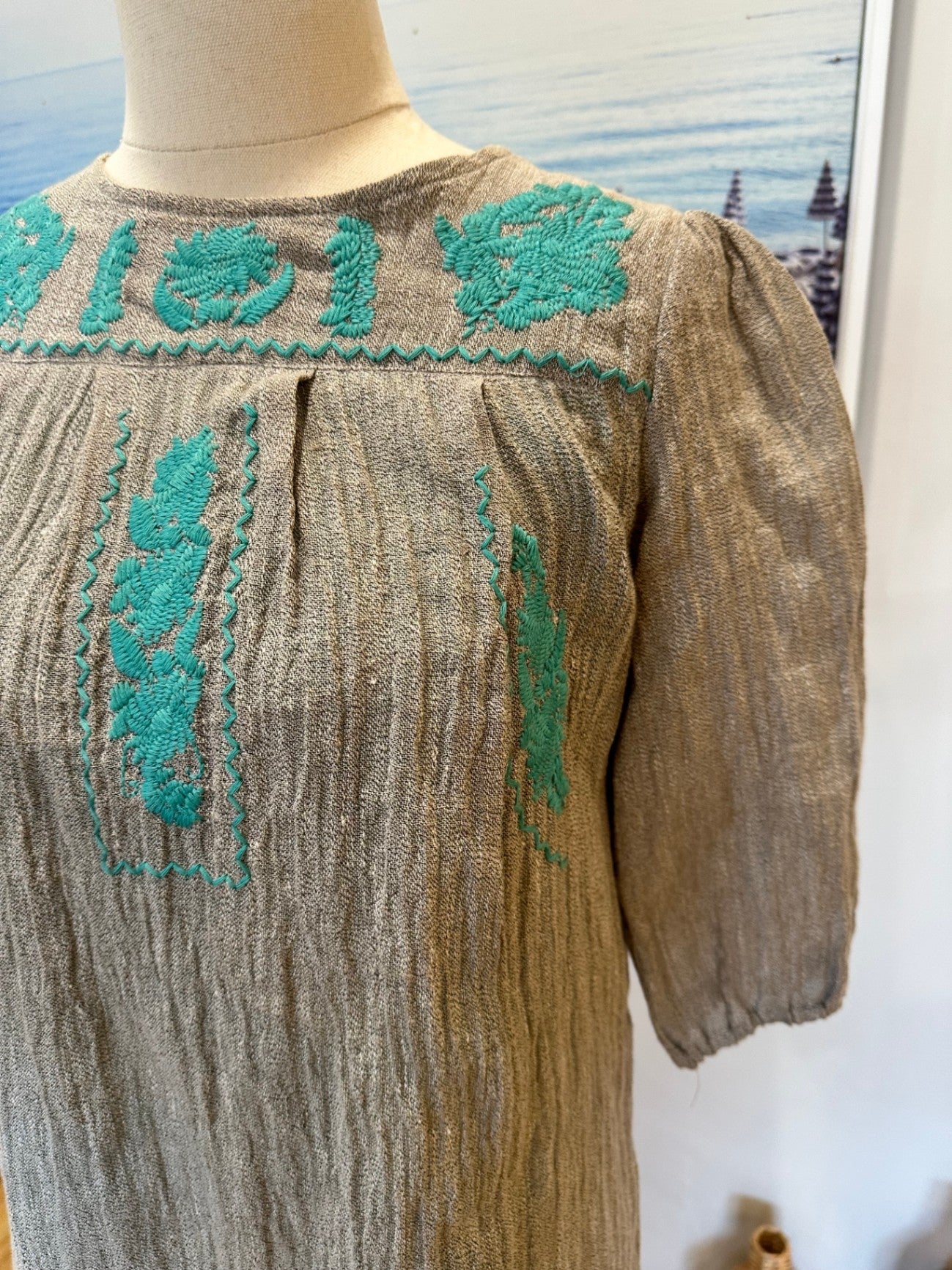 [SALE] One Red Fly - Mini Dress - Extra Small - Grey with turquoise embroidery