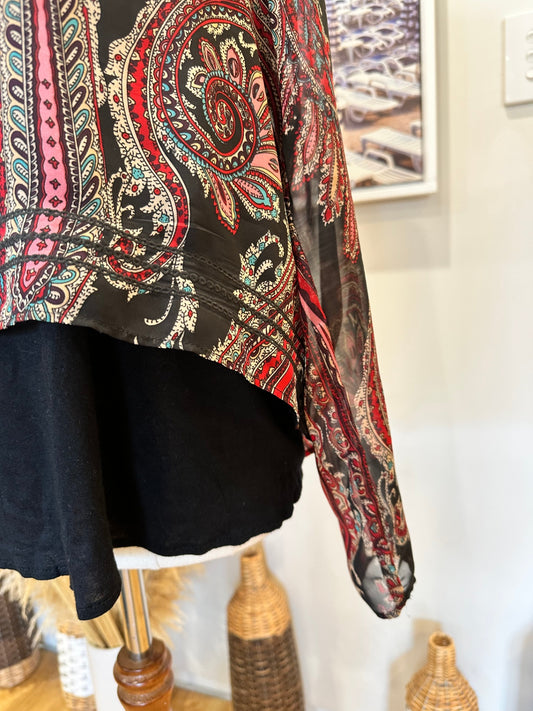 Batwing Blouse - Black w Red Paisley Print - Size 8