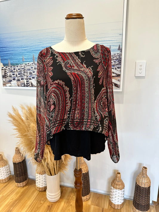 Batwing Blouse - Black w Red Paisley Print - Size 8