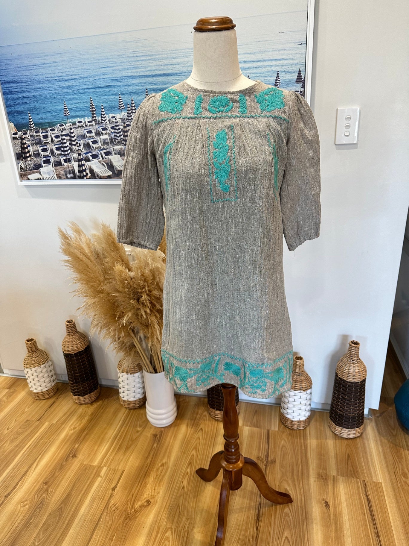 [SALE] One Red Fly - Mini Dress - Extra Small - Grey with turquoise embroidery