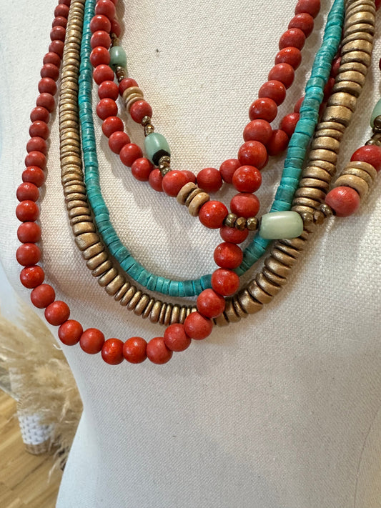 Necklace - Red, Turquoise, Gold, Light Blue