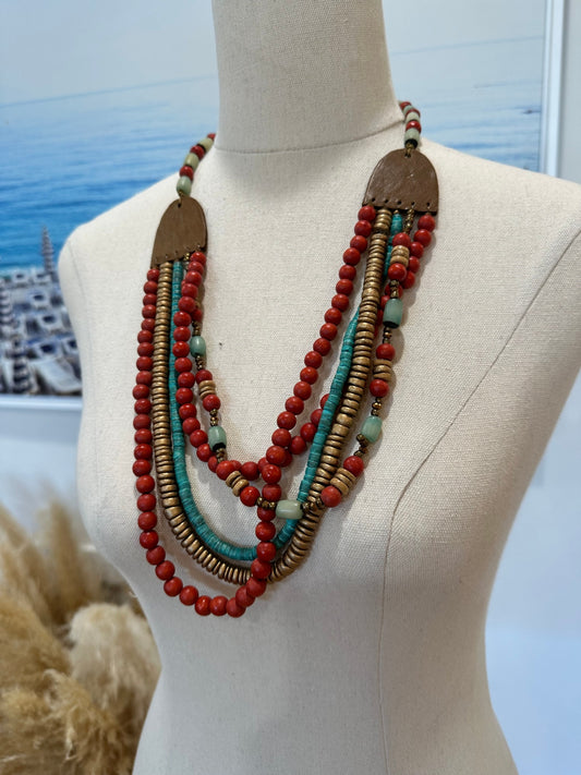 Necklace - Red, Turquoise, Gold, Light Blue