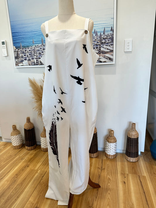 [SALE] Jumpsuit - Large - White w Feather print / feature