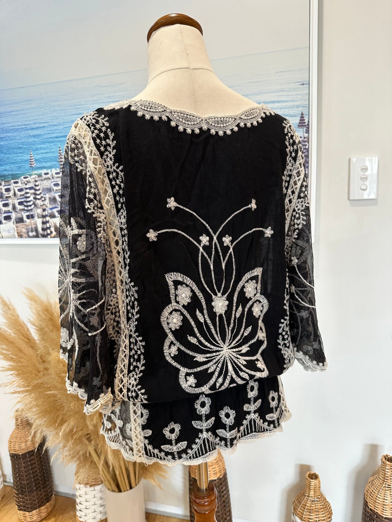 Lace Blouse - Small - Black and White/Cream - Batwing Arms
