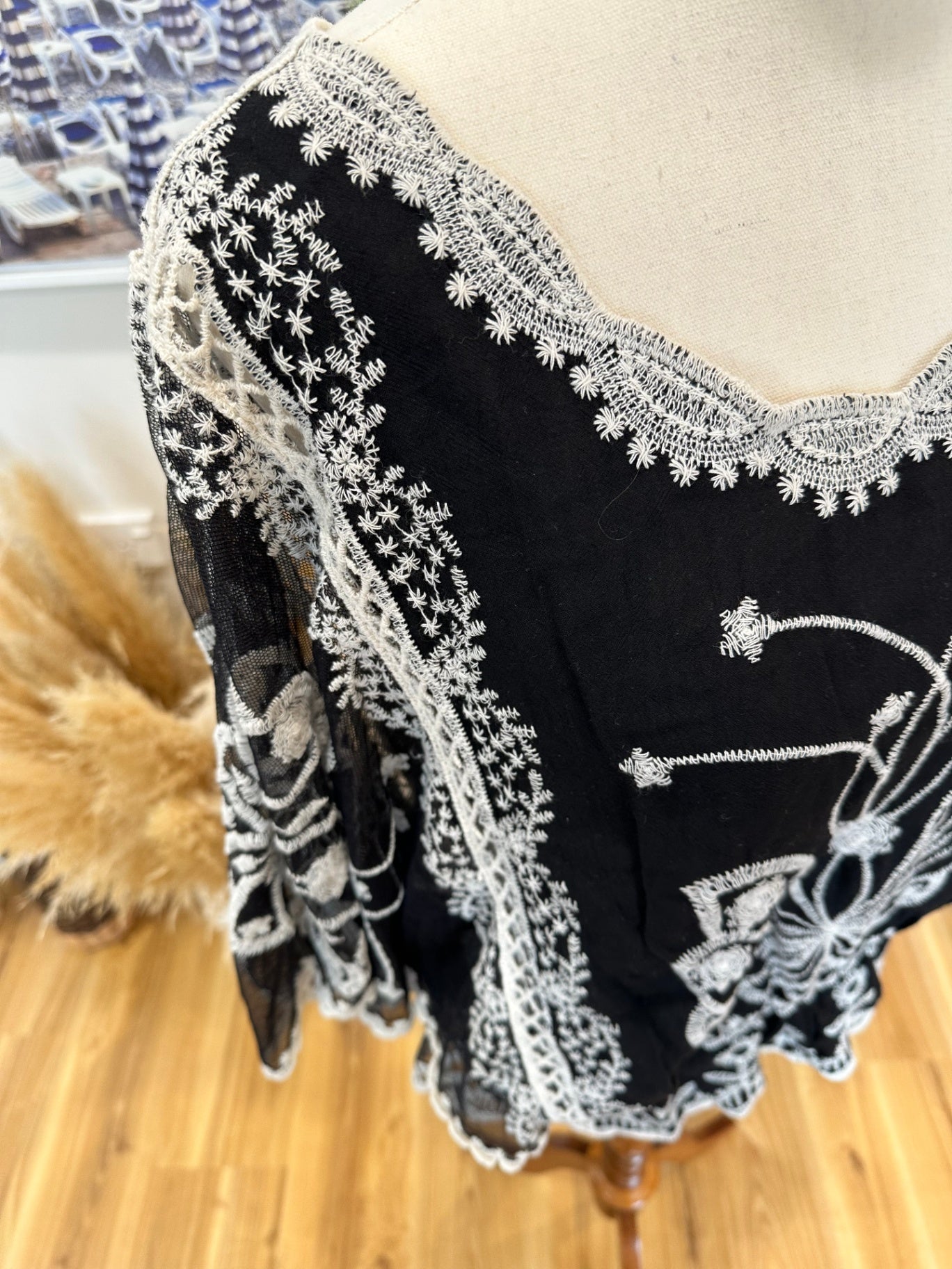 Lace Blouse - Small - Black and White/Cream - Batwing Arms