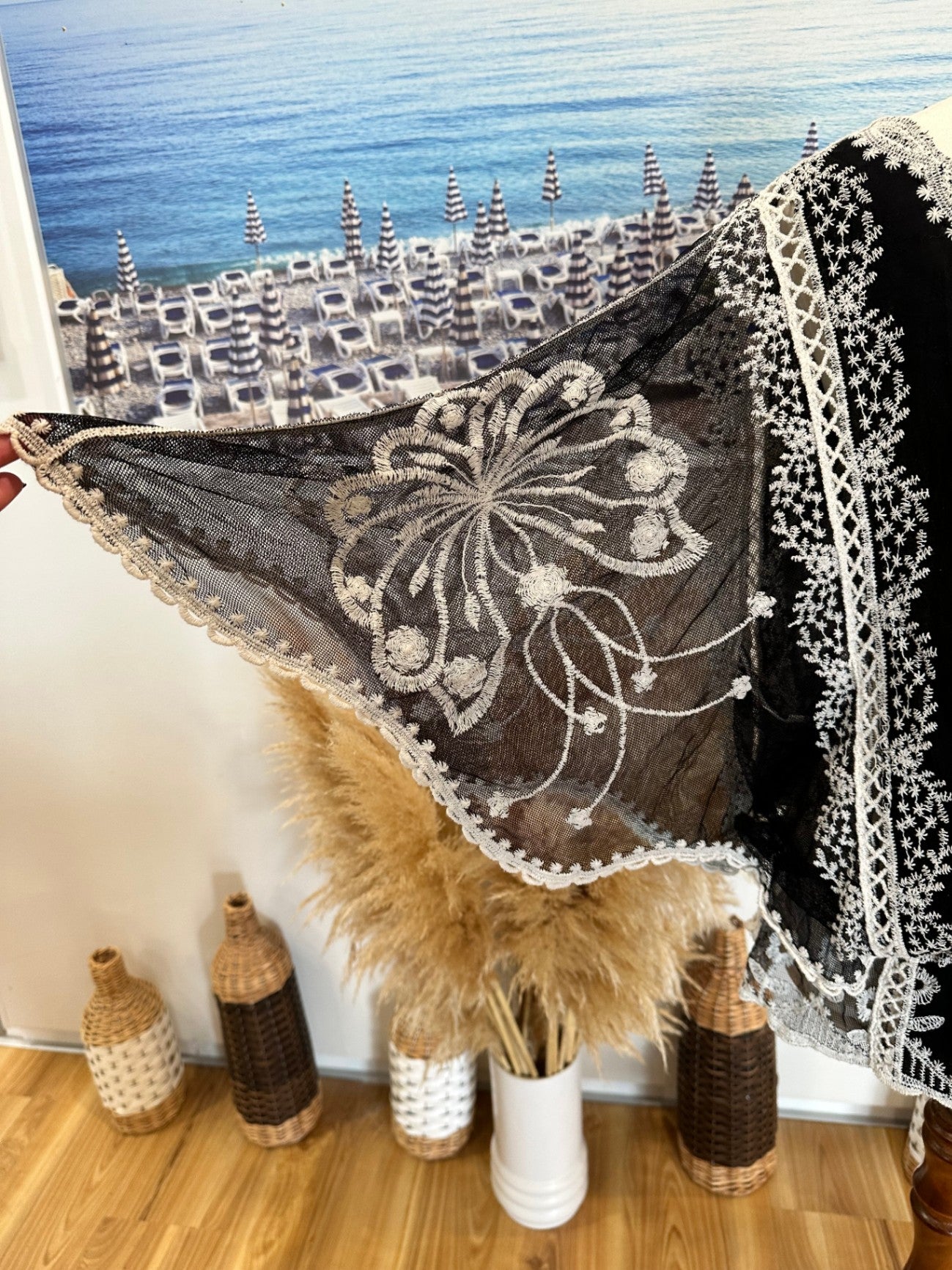 Lace Blouse - Small - Black and White/Cream - Batwing Arms