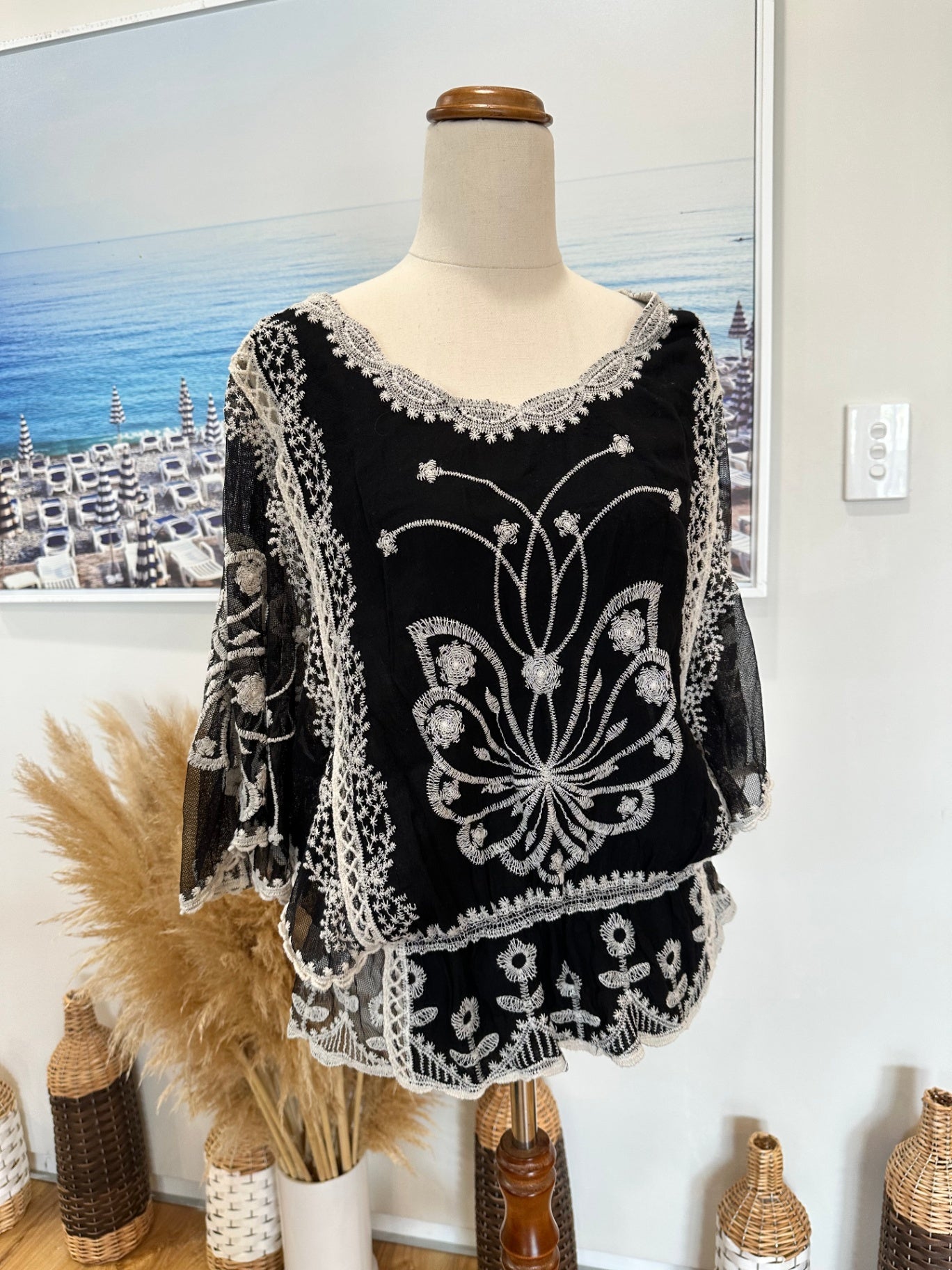 Lace Blouse - Small - Black and White/Cream - Batwing Arms
