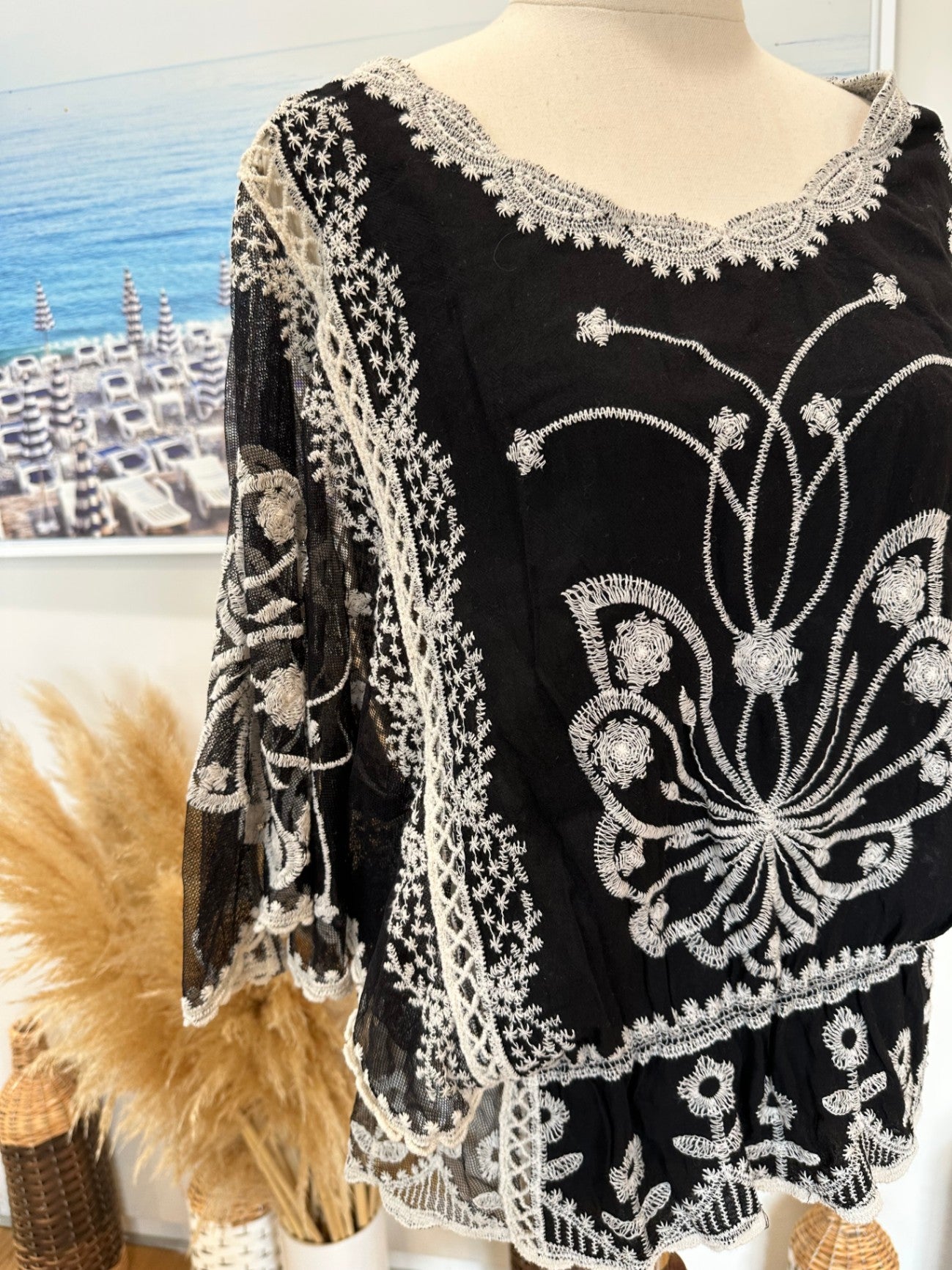 Lace Blouse - Small - Black and White/Cream - Batwing Arms
