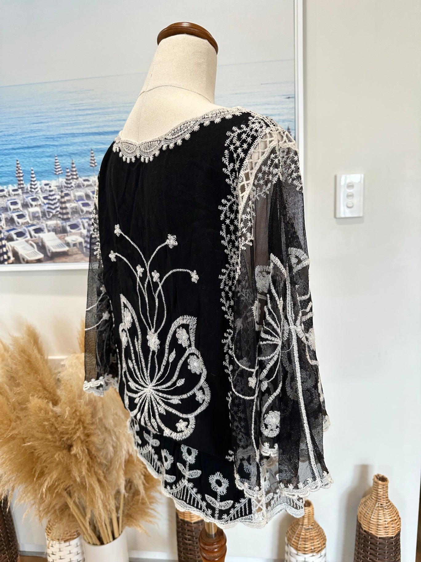 Lace Blouse - Small - Black and White/Cream - Batwing Arms