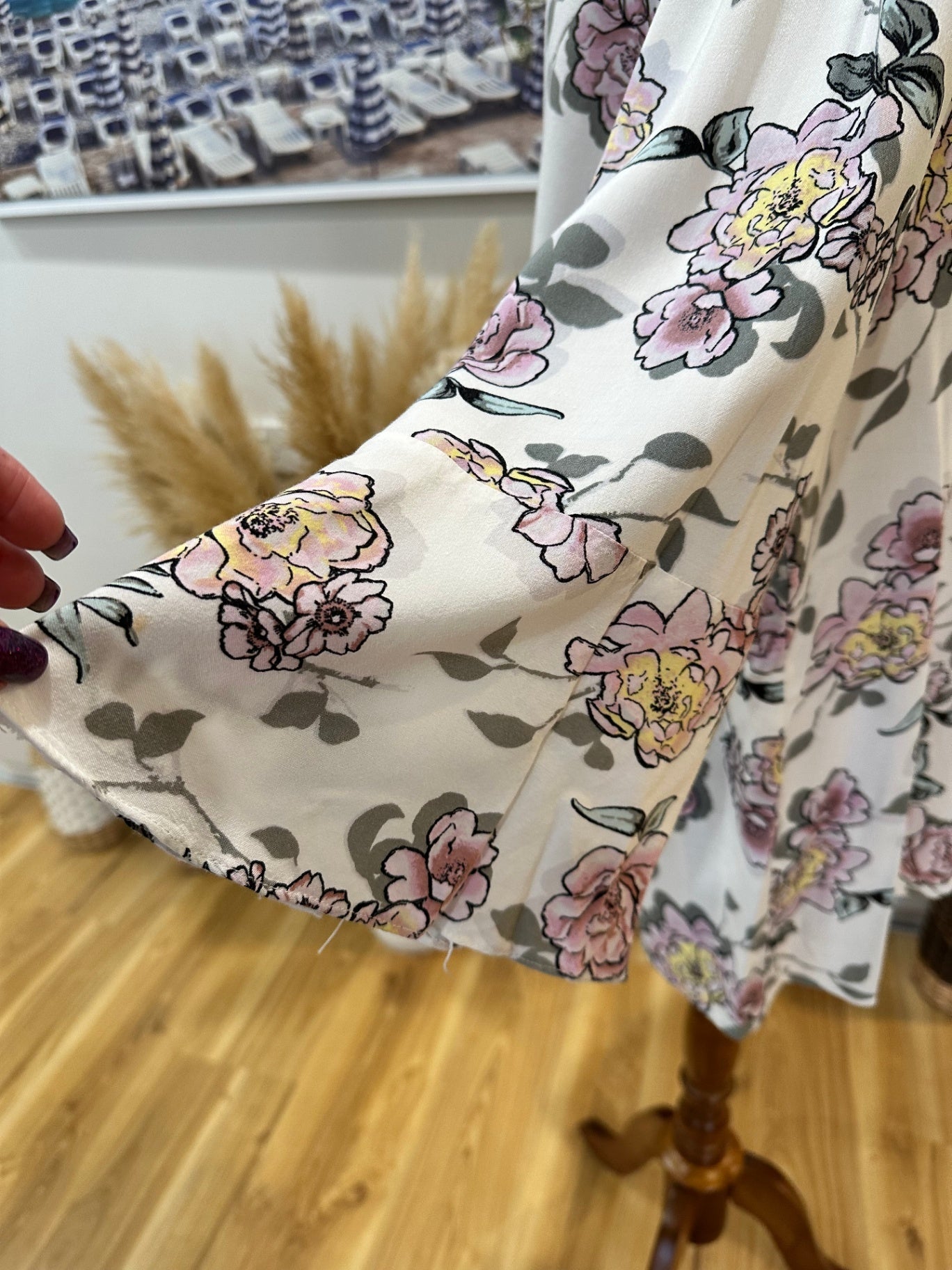 [SALE] Katies - Bohemian Blouse - Size 20 - White with pink, yellow, and black floral pattern