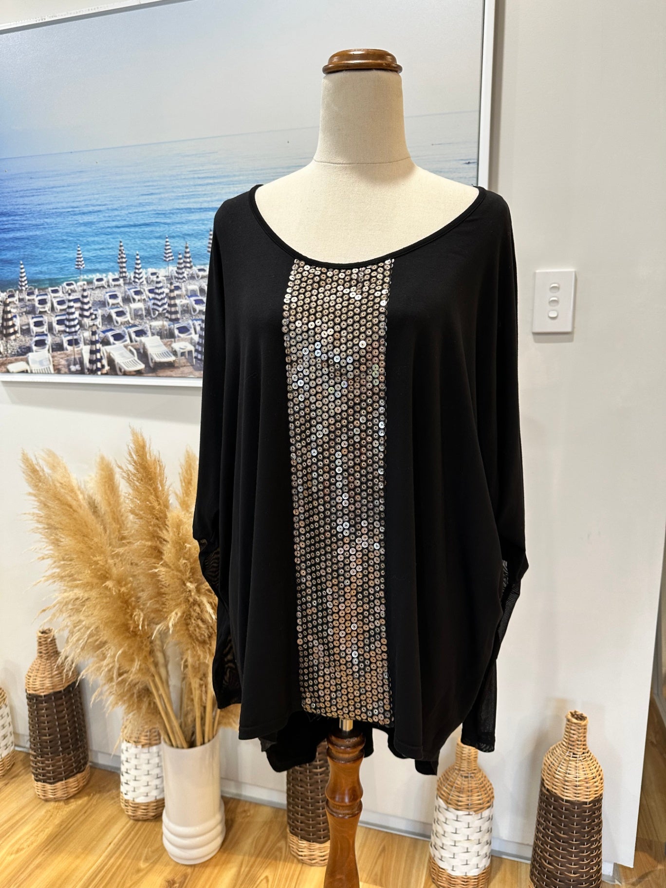 [SALE] Mi Moso - Black Blouse with Sequins - Size 14
