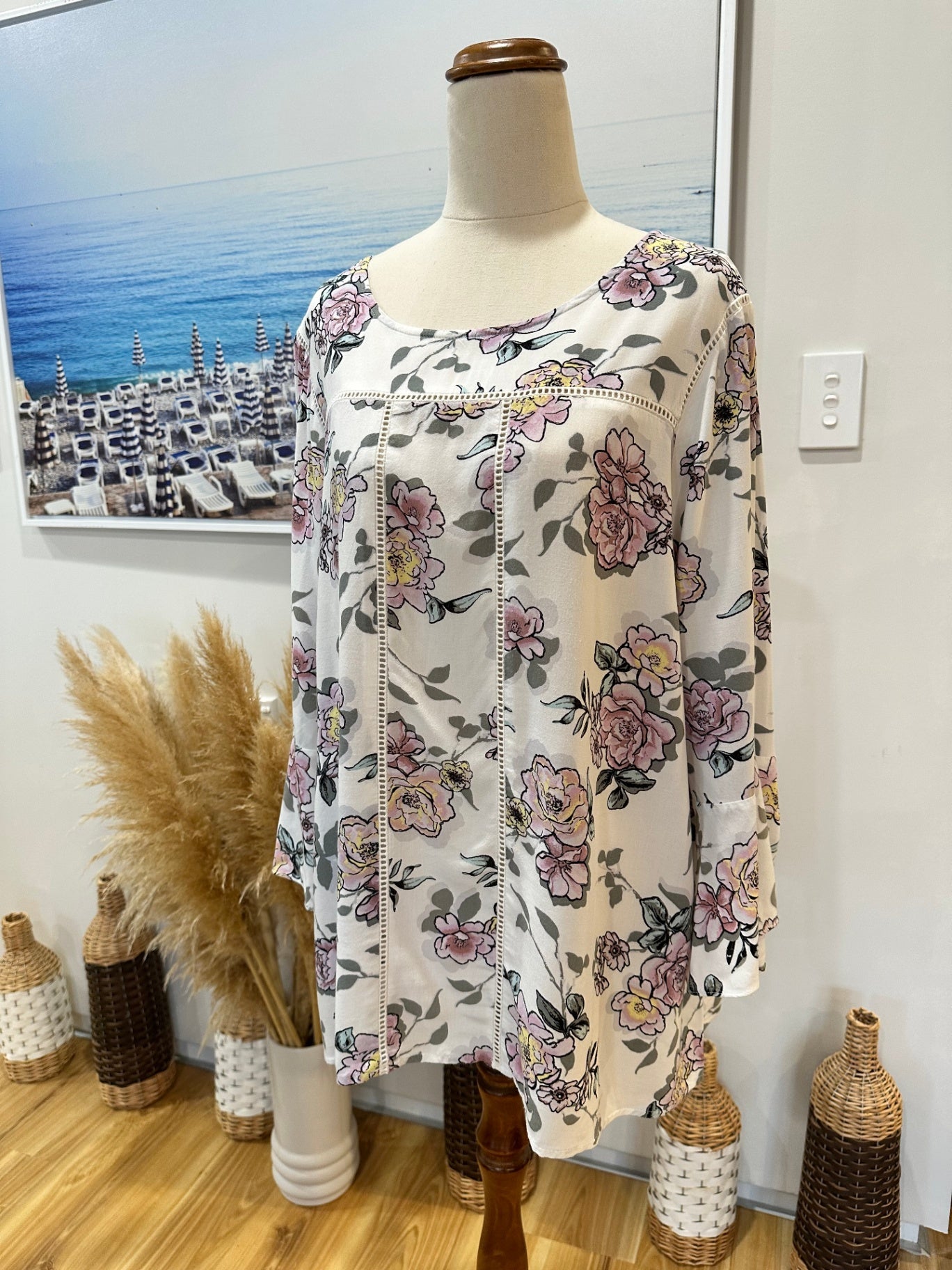 [SALE] Katies - Bohemian Blouse - Size 20 - White with pink, yellow, and black floral pattern