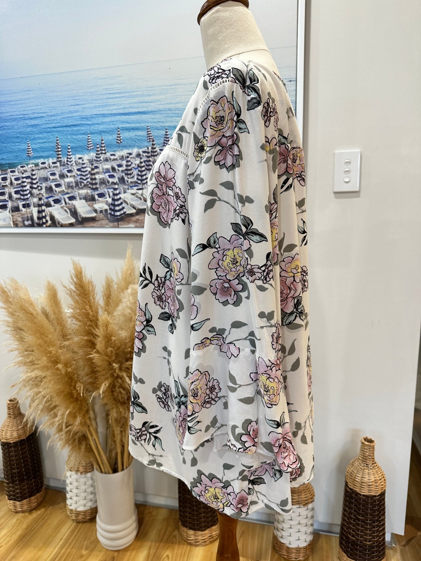 [SALE] Katies - Bohemian Blouse - Size 20 - White with pink, yellow, and black floral pattern