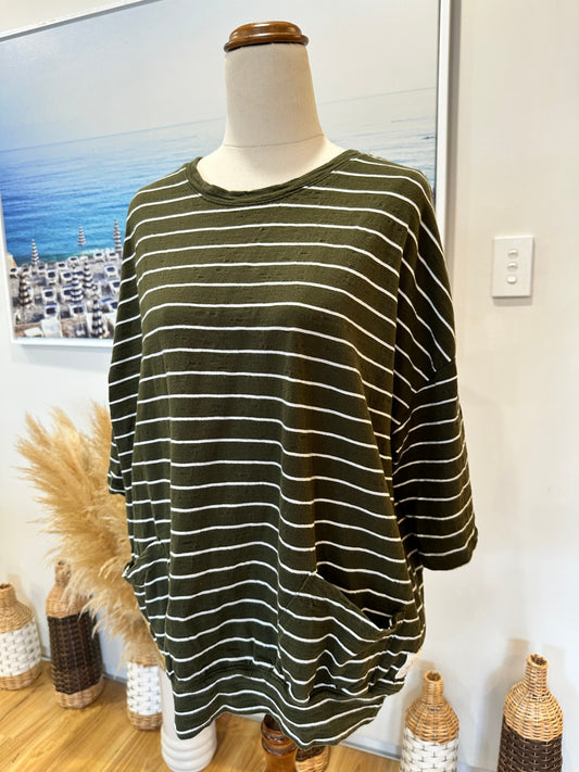 Elm Living - T-Shirt - Size 8 - Olive Green with White Stripes