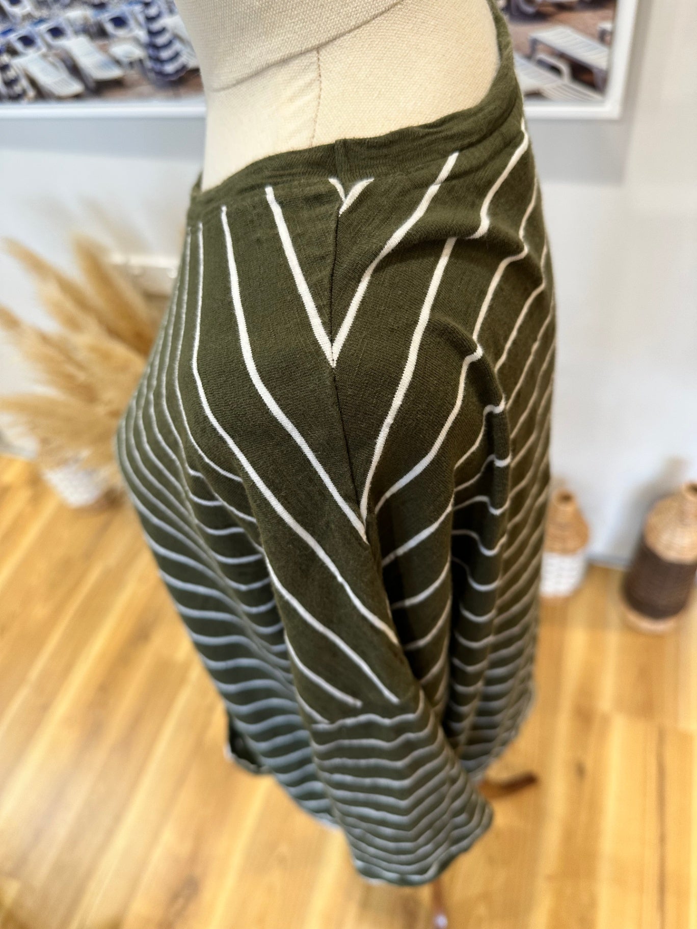 Elm Living - T-Shirt - Size 8 - Olive Green with White Stripes