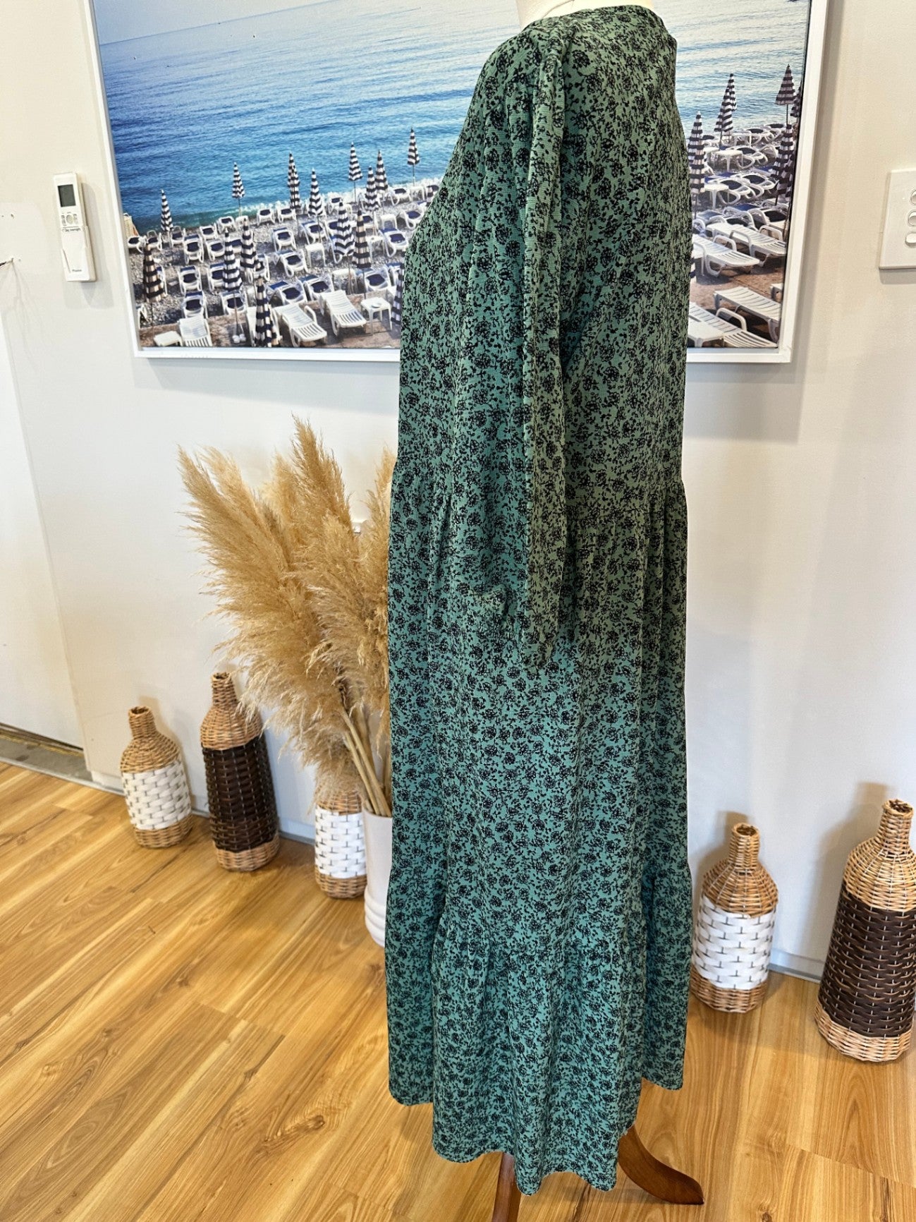 Zara - Maxi Dress - Medium - Green with black floral pattern [some pilling]