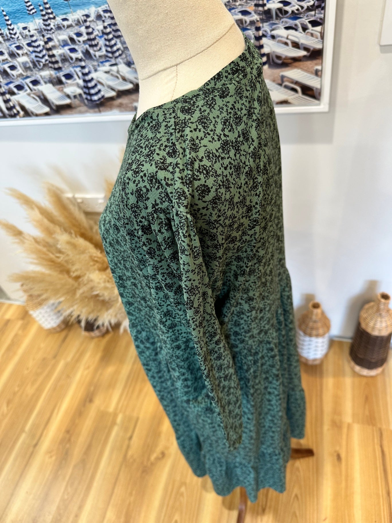 Zara - Maxi Dress - Medium - Green with black floral pattern [some pilling]