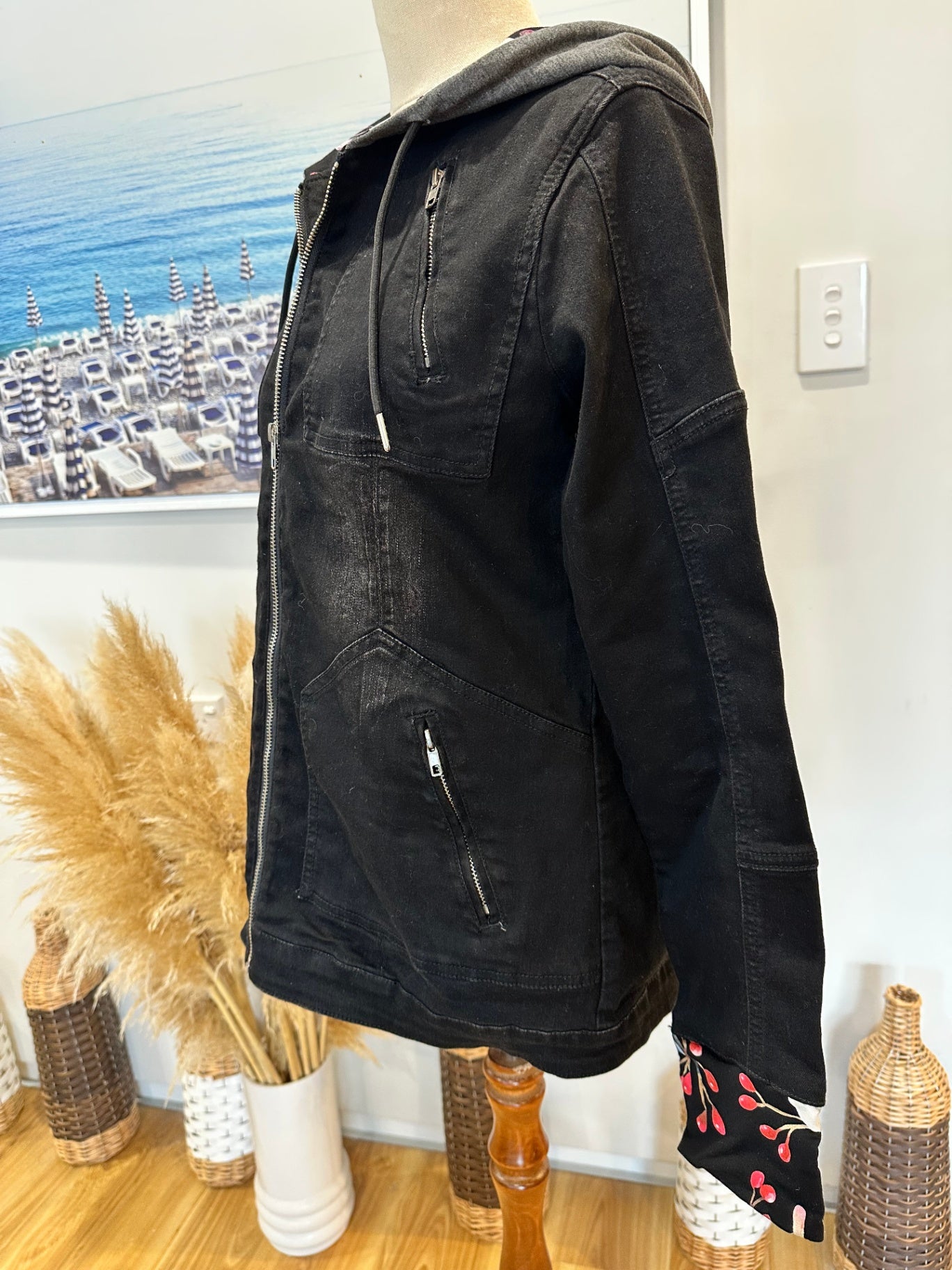 ETC - Denim Jacket - Size Small - Black w floral feature