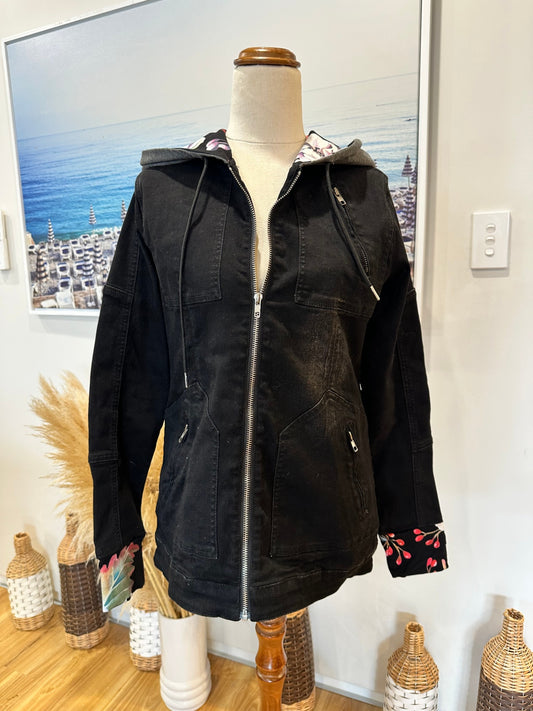 ETC - Denim Jacket - Size Small - Black w floral feature