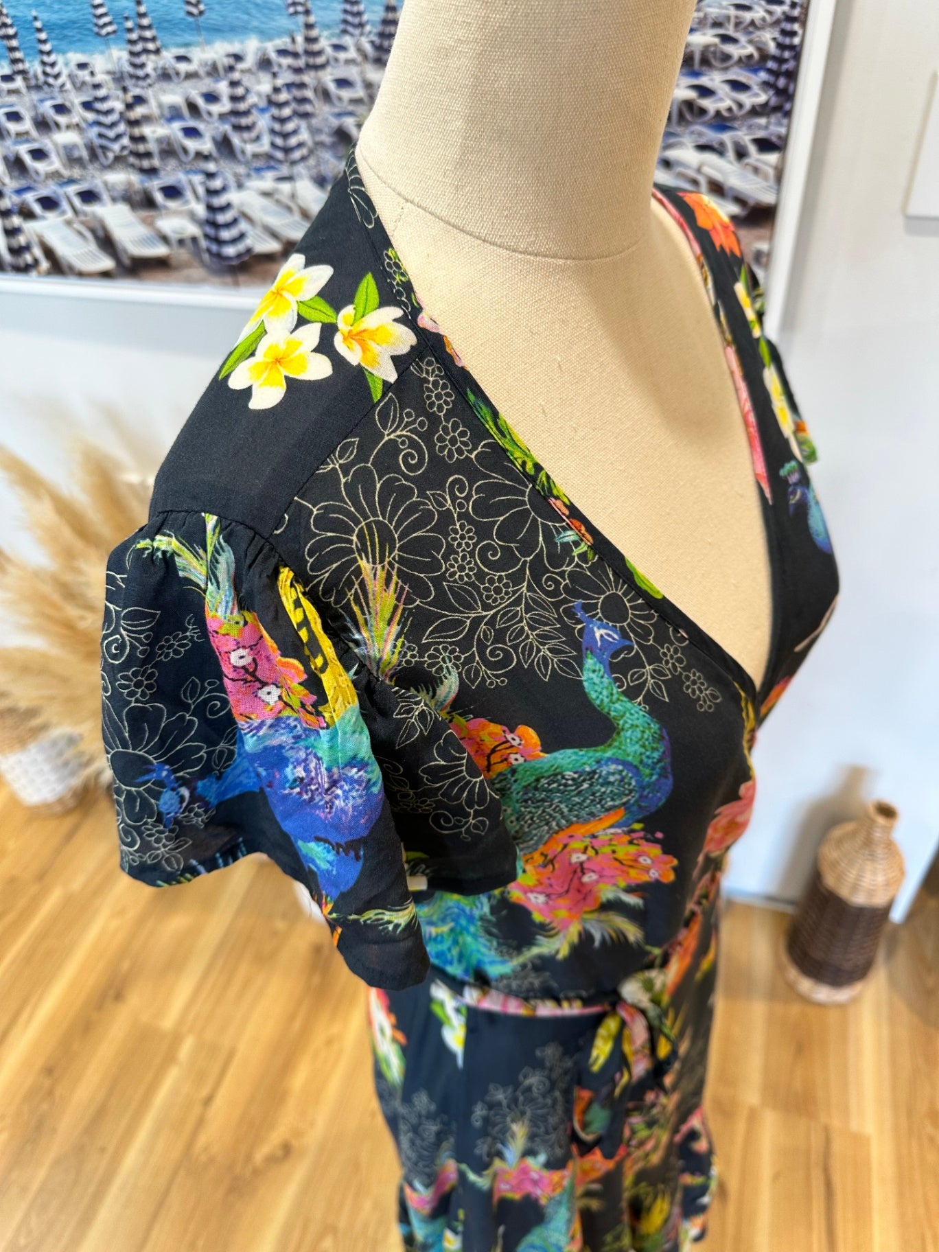 Ruby Yaya - Maxi Dress - Size Medium - Navy with floral and bird patterns