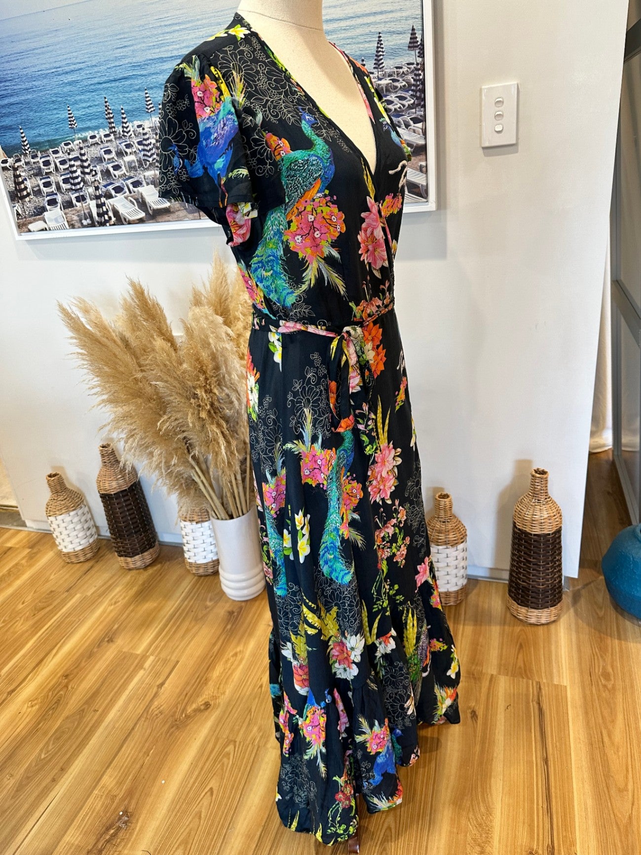 Ruby Yaya - Maxi Dress - Size Medium - Navy with floral and bird patterns