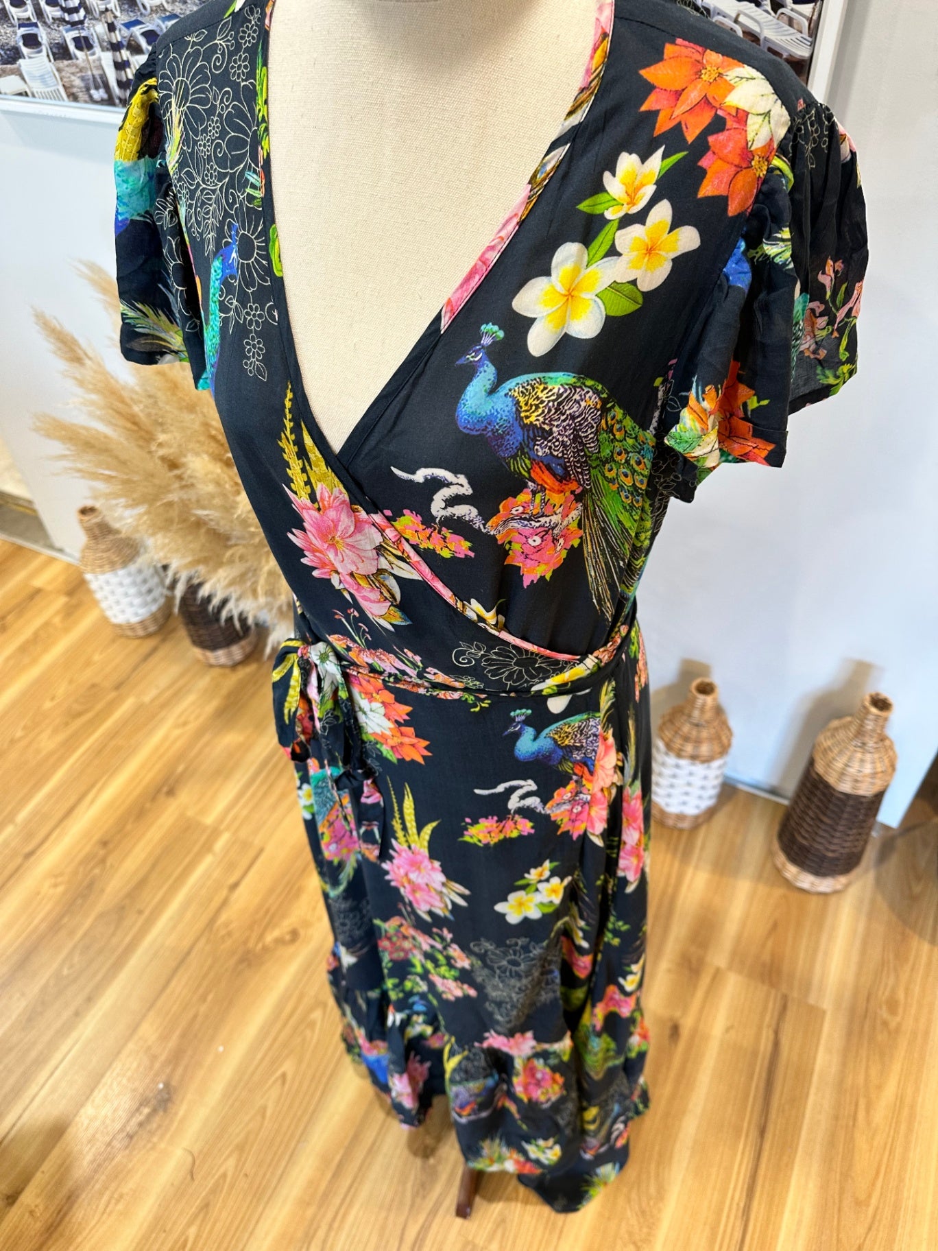 Ruby Yaya - Maxi Dress - Size Medium - Navy with floral and bird patterns