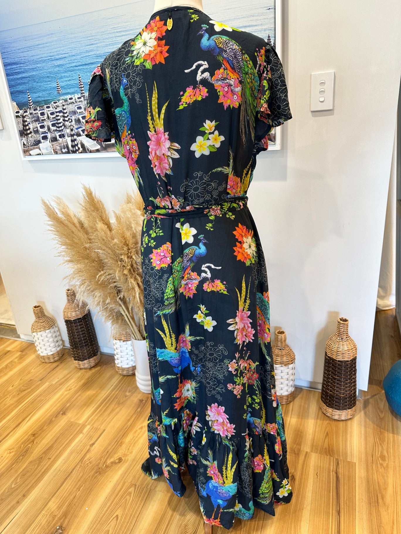 Ruby Yaya - Maxi Dress - Size Medium - Navy with floral and bird patterns