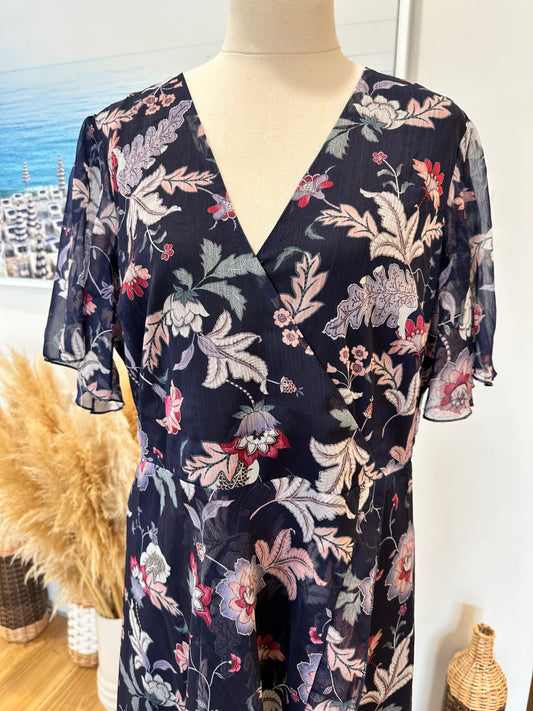 Atmos & Here - Dress - Size 16 - NEW - Navy blue with floral pattern in shades of pink, gray, and white