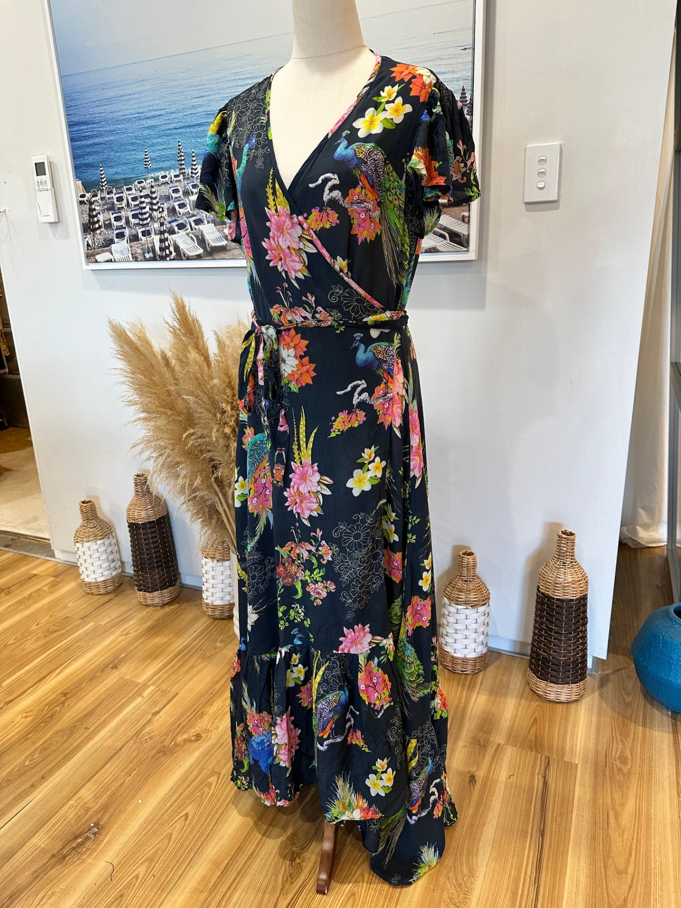 Ruby Yaya - Maxi Dress - Size Medium - Navy with floral and bird patterns