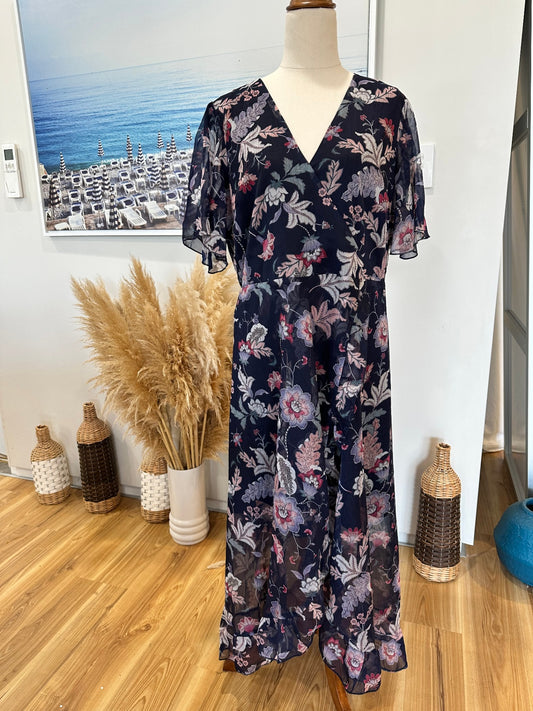 Atmos & Here - Dress - Size 16 - NEW - Navy blue with floral pattern in shades of pink, gray, and white