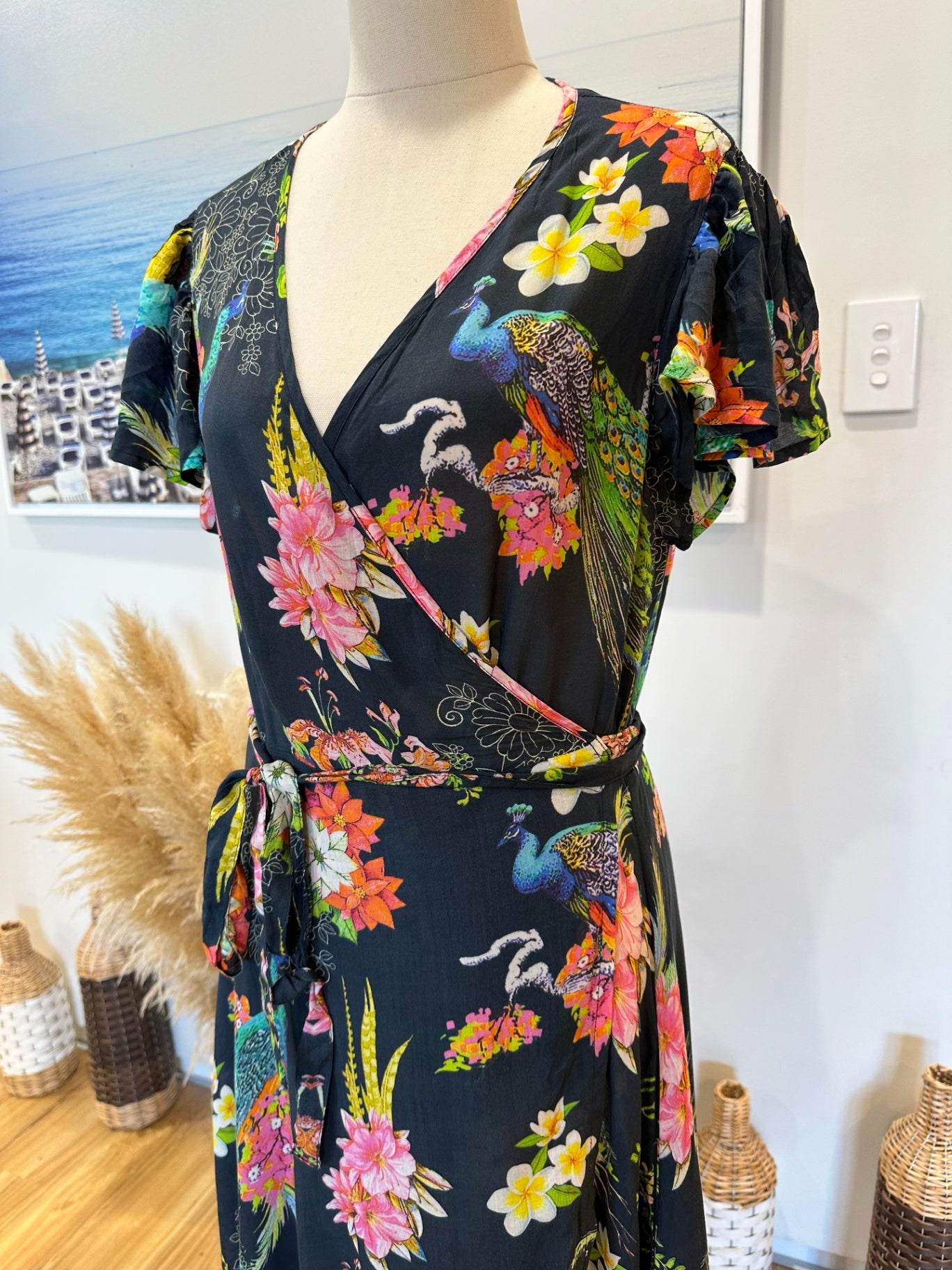 Ruby Yaya - Maxi Dress - Size Medium - Navy with floral and bird patterns