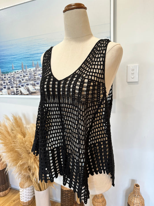 Black Crochet-Style Singlet Top - Size Small / Medium