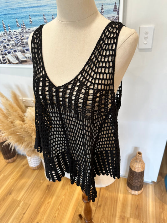 Black Crochet-Style Singlet Top - Size Small / Medium