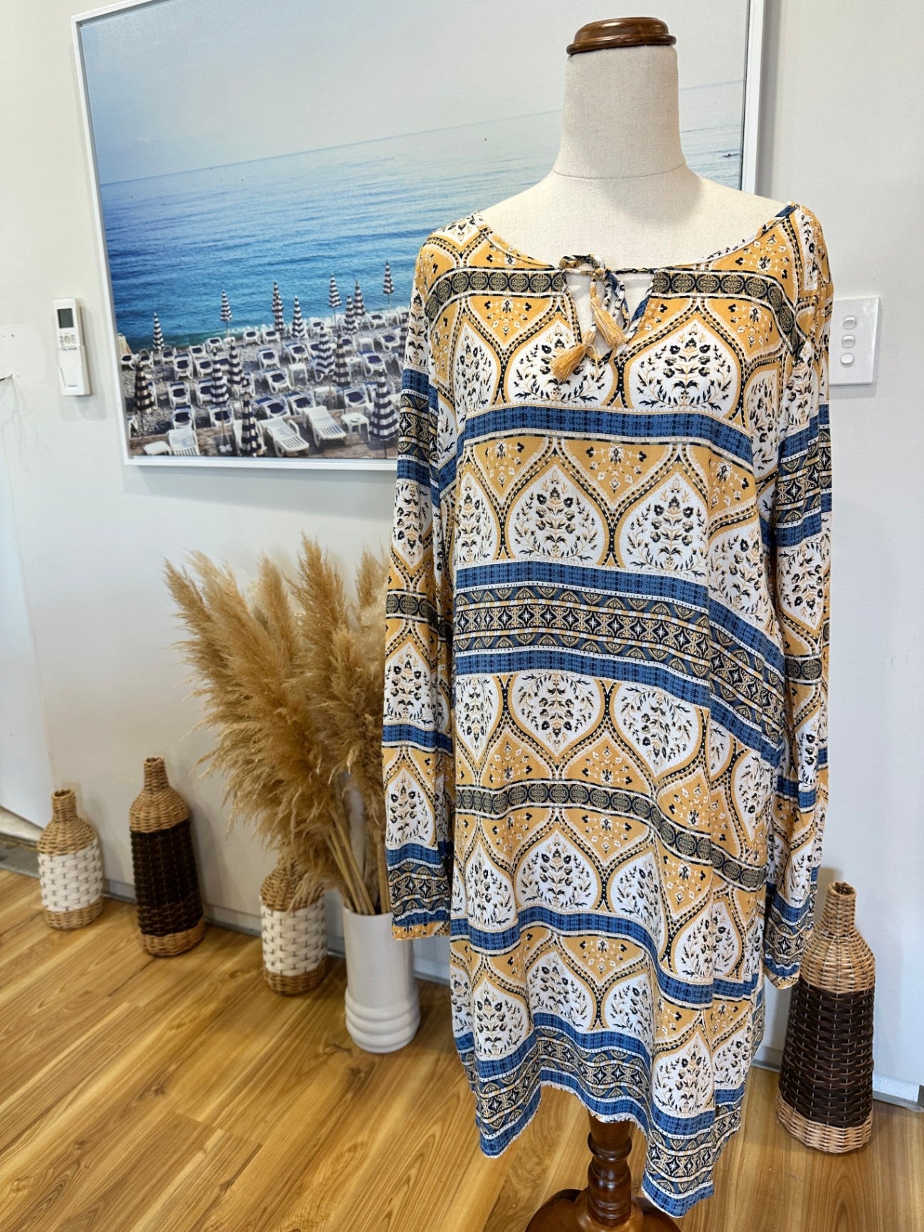 Roxy - Bohemian Dress - Size Large - Mustard yellow, Blue, White, Black