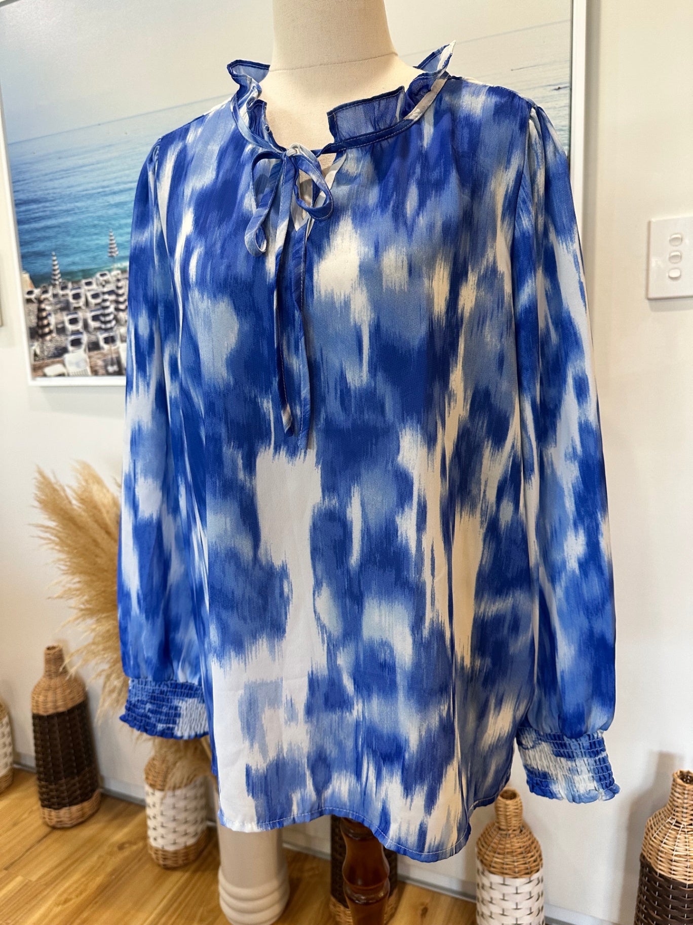 Emerge Blouse - Size 14 - Watercolour Tones: Blue and White