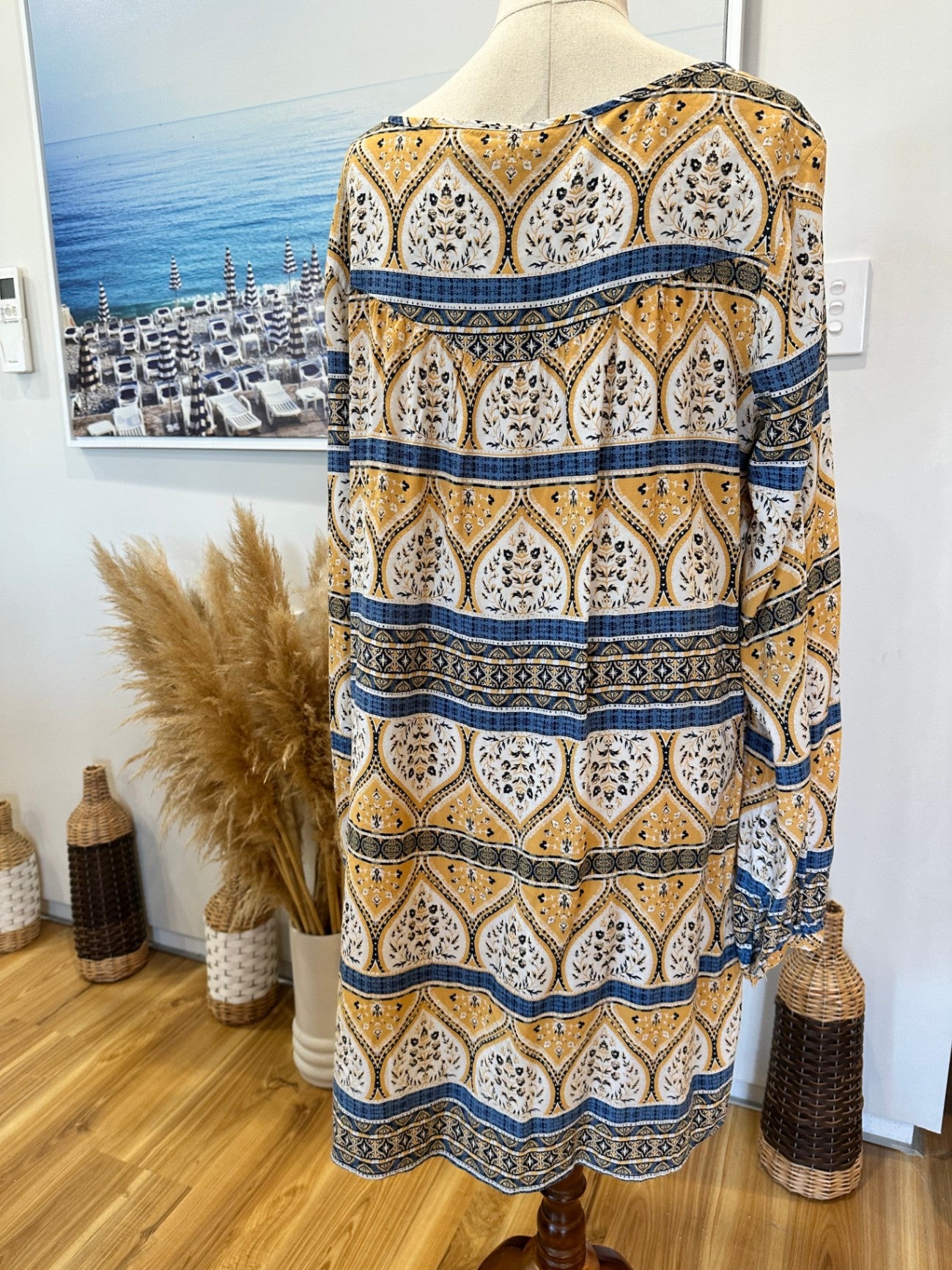 Roxy - Bohemian Dress - Size Large - Mustard yellow, Blue, White, Black