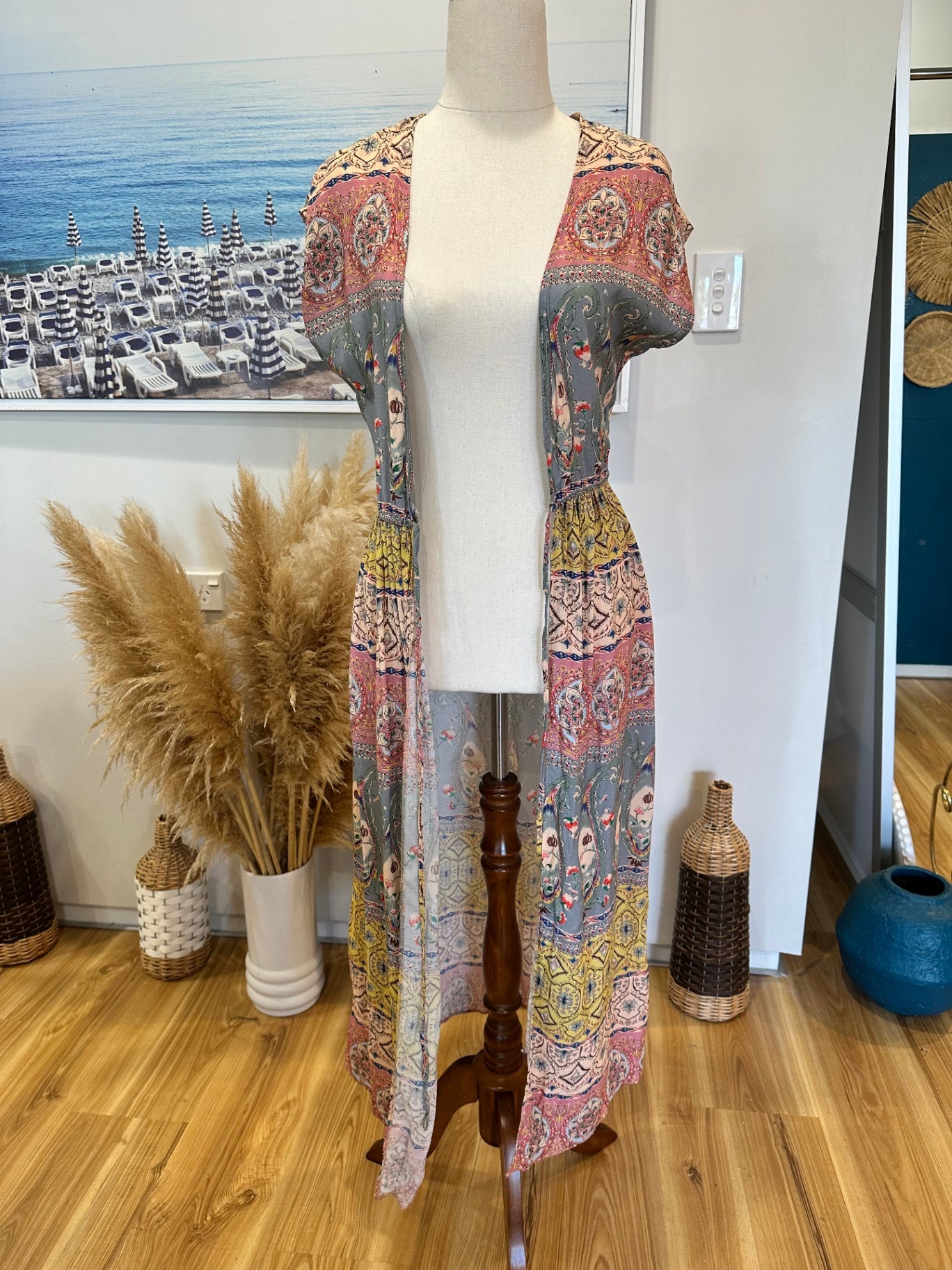 New Look - Longline Cardigan / Vest - Extra Small / Small - Pink, yellow + cream