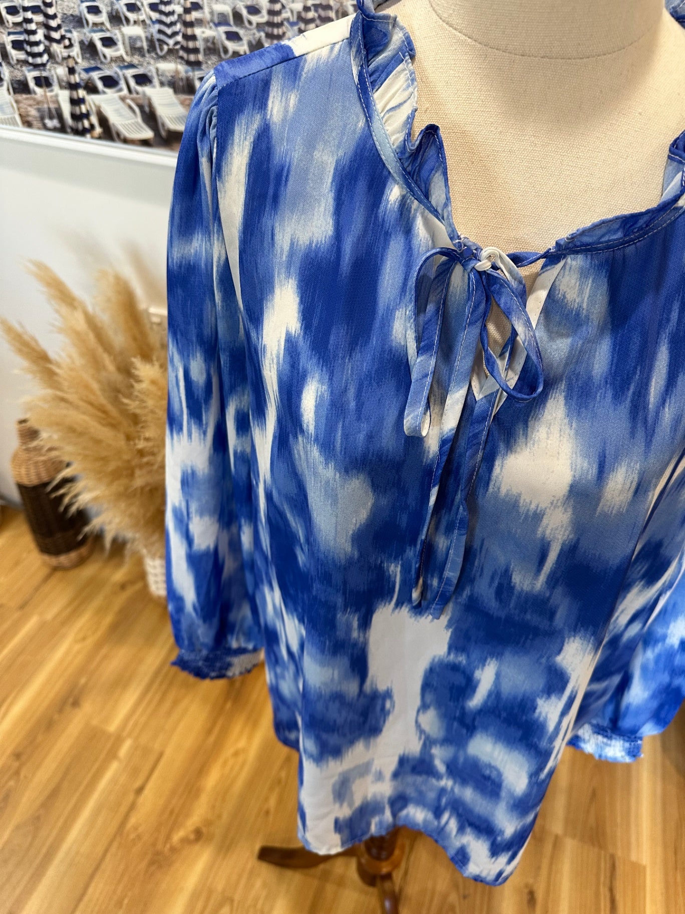 Emerge Blouse - Size 14 - Watercolour Tones: Blue and White