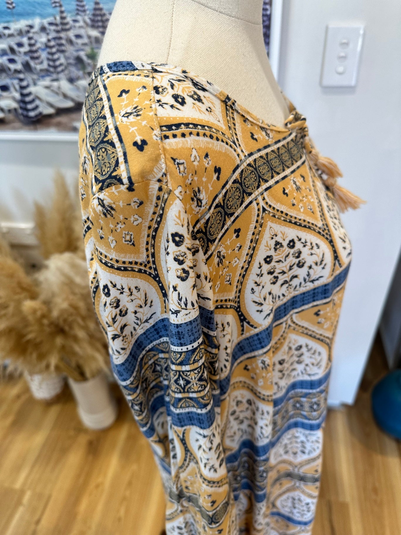 Roxy - Bohemian Dress - Size Large - Mustard yellow, Blue, White, Black