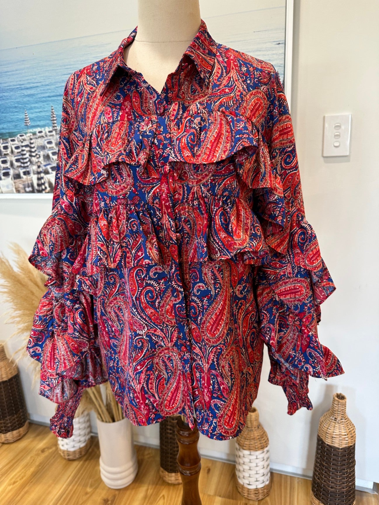 Augustine - Flamenco Blouse - Medium - Red, Blue