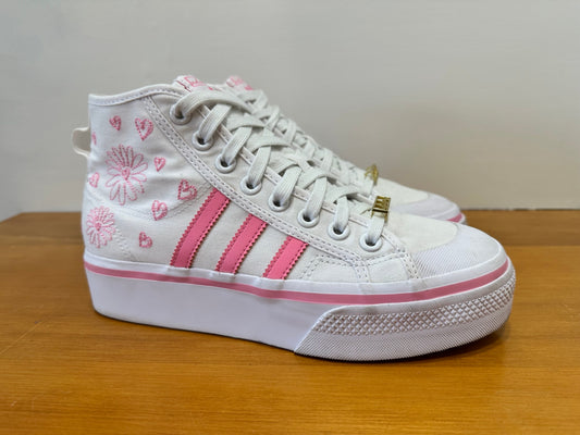 Adidas - Hight Top Sneakers - Size 8 - White and Pink w Embroidered Hearts